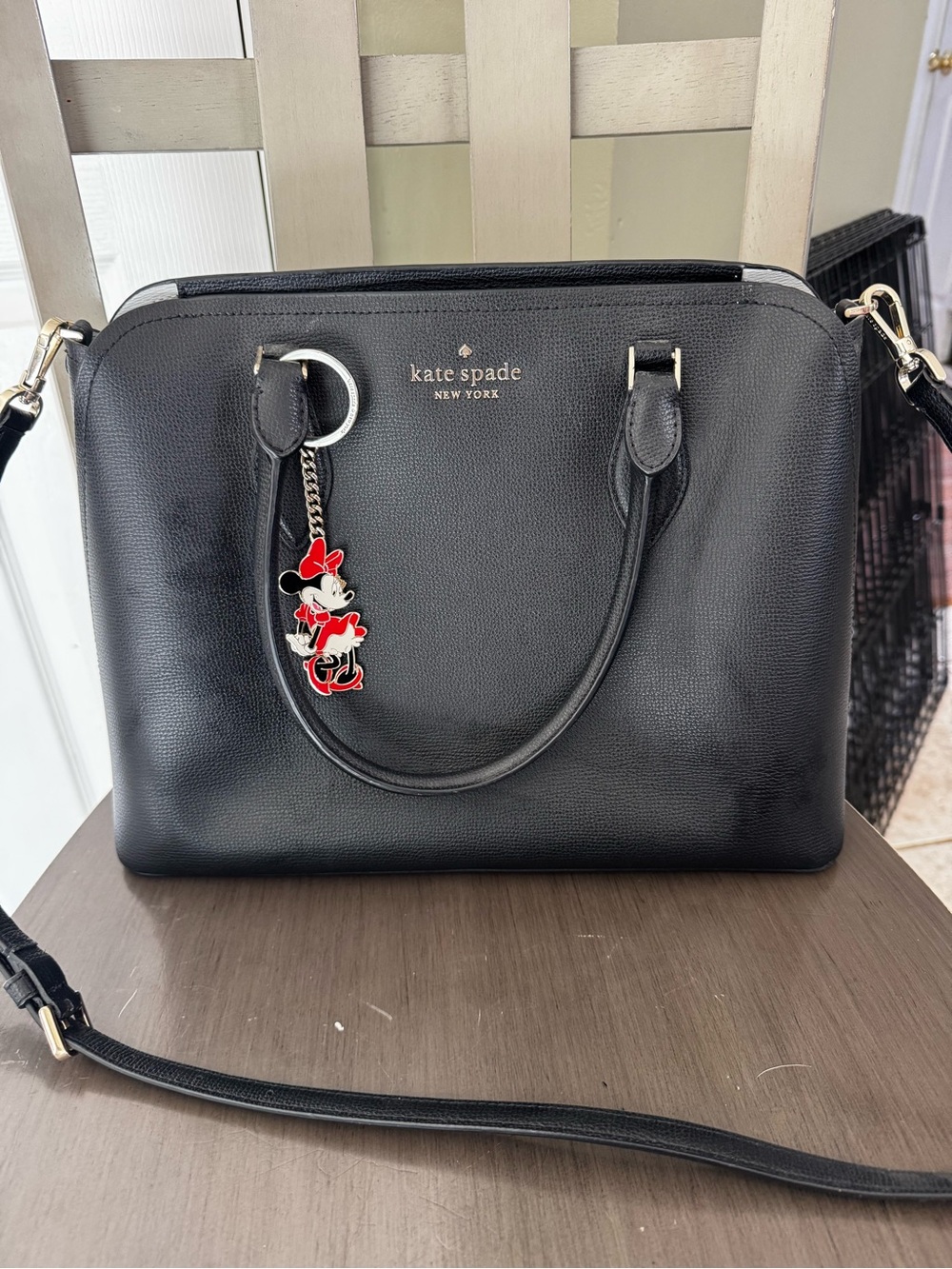 kate spade Black Leather Satchel with Minnie Mouse Charm
